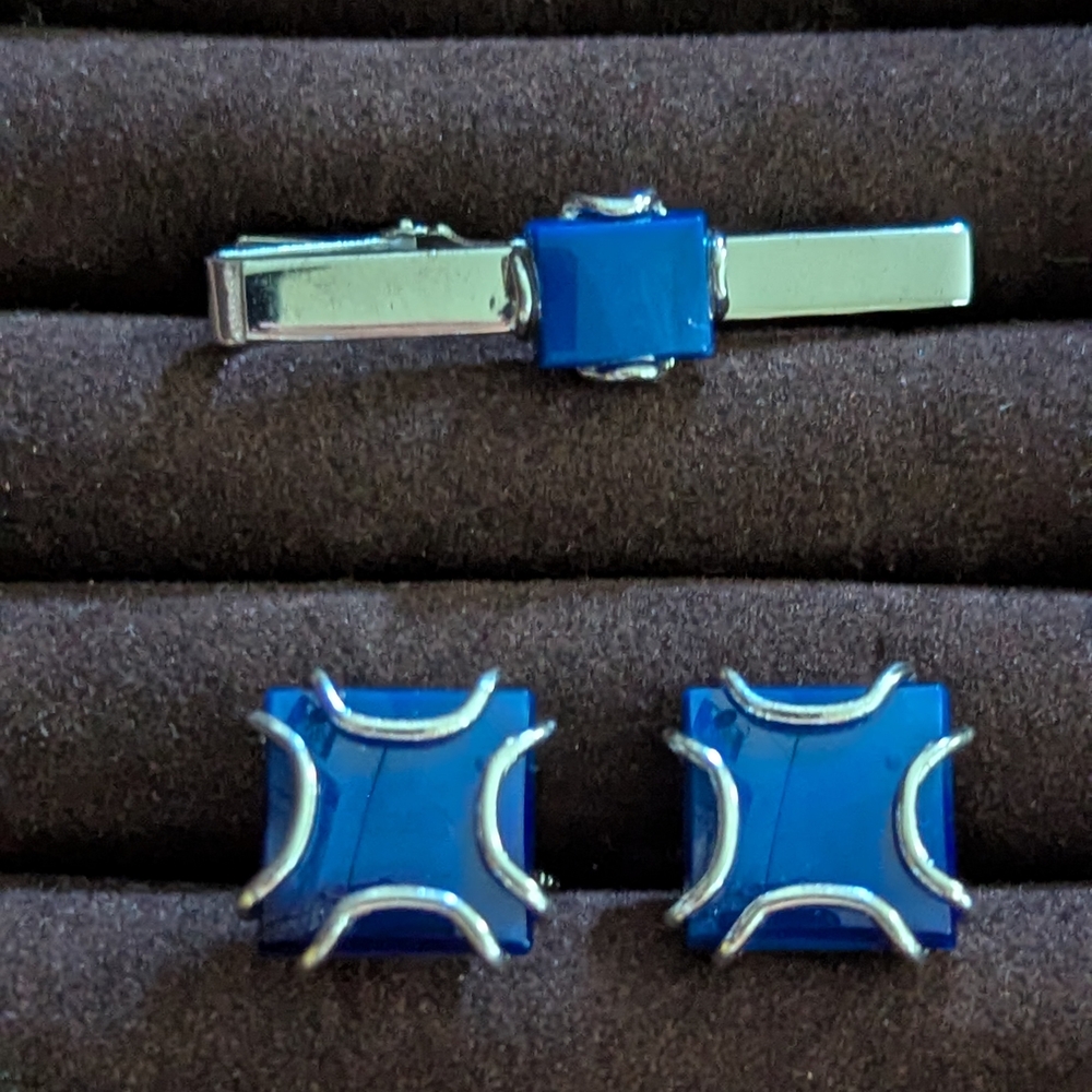 Blue and Silver Cufflinks and Tie Clip Set